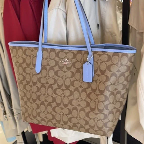 Coach 5696 City Tote In Signature Canvas In Khaki/Marble Blue - Picture 15 of 16